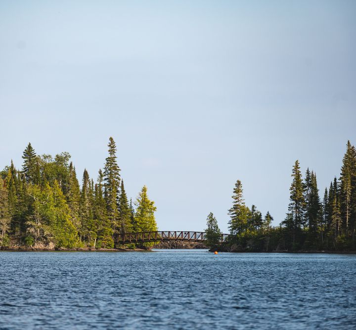 Rippling water with a bridge and trees in the distance.
